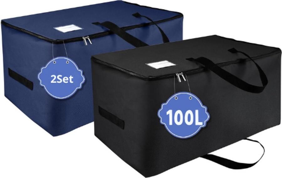 PEAM 2 stuks grote opbergtassen kledingstandaard onderbedcommode opvouwbare opbergdozen met handgrepen en transparante etikettentas voor beddengoed 70 x 42 x 35 cm 100 l (zwart donkerblauw)