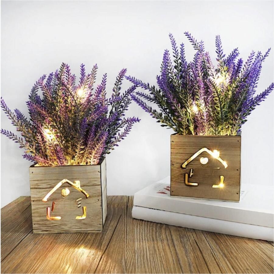 PEAM 2 Stuks Kunstplanten Met Ledlampjes In Houten Kist Verlichte Kunstplant In Pot Decoratie Voor Thuis Kantoor Bureau Of Keuken Perfect Cadeau Voor Moederdag Of Valentijnsdag