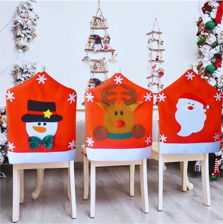 PEAM 3 Stuks Kerststoelhoezen Kerstman Sneeuwpop Eland Kerst Stoelhoezen Rode Kerstmuts Stoelhoezen Kerststoeldecoratie Voor Eetkamer Keuken Feest