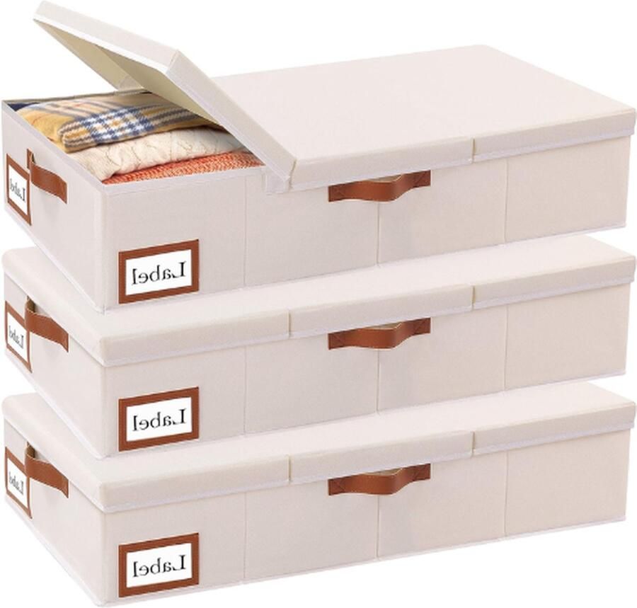 PEAM 3 Stuks Ladenkast Voor Onder Bed Kledingopberger Met Deksel Opvouwbare Opbergzak Met Handgrepen Voor Dekbedden Dekens Kleding 80x40x15cm Beige