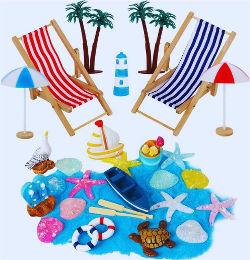 PEAM 30 Stuks Strand Micro Landschap Miniatuur Decoraties – Mini Ligstoel Strandstoel Parasol Kleine Palmboom Decoratieve Accessoires Voor Doe-Het-Zelf Zen Tuindecoratie Uniek Cadeau