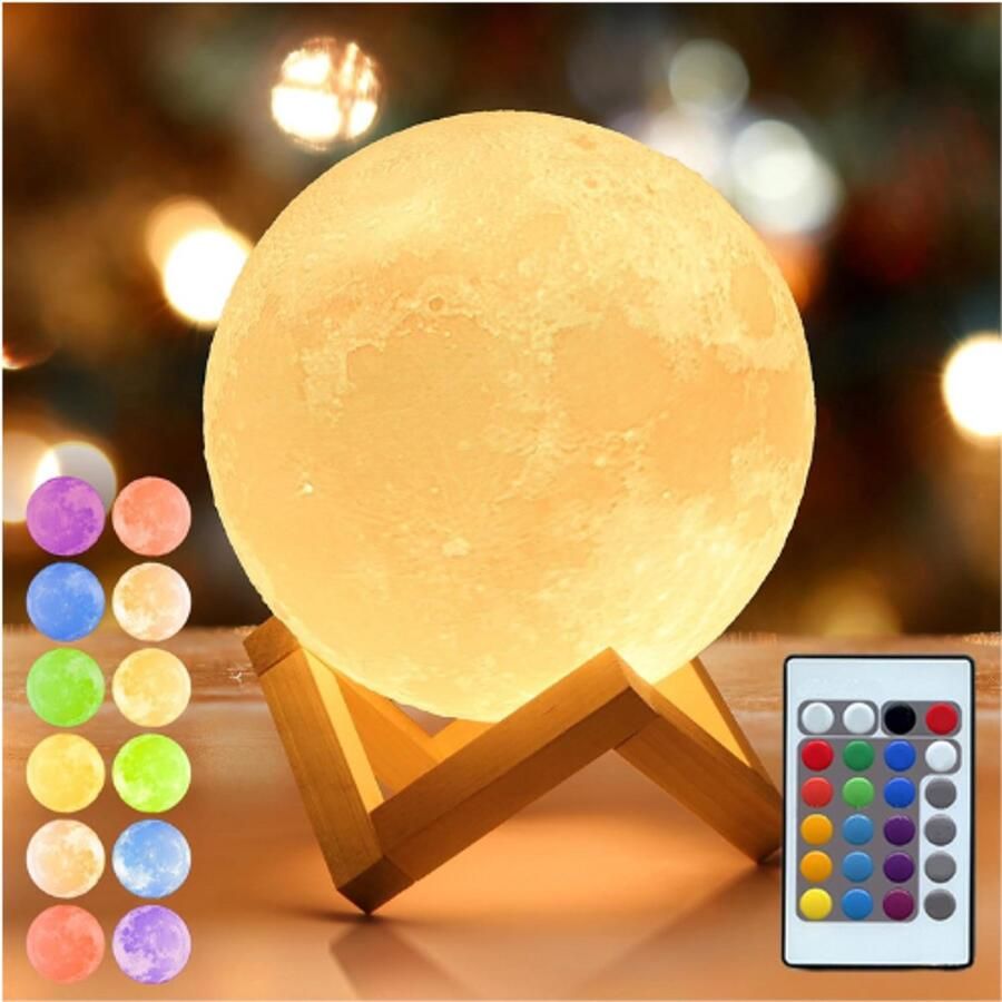 PEAM 3D Maanlamp 12CM LED Lamp Met 16 Kleuren Houten Standaard & Afstandsbediening USB Oplaadbaar Nachtlampje Voor Kinderkamer & Woondecoratie