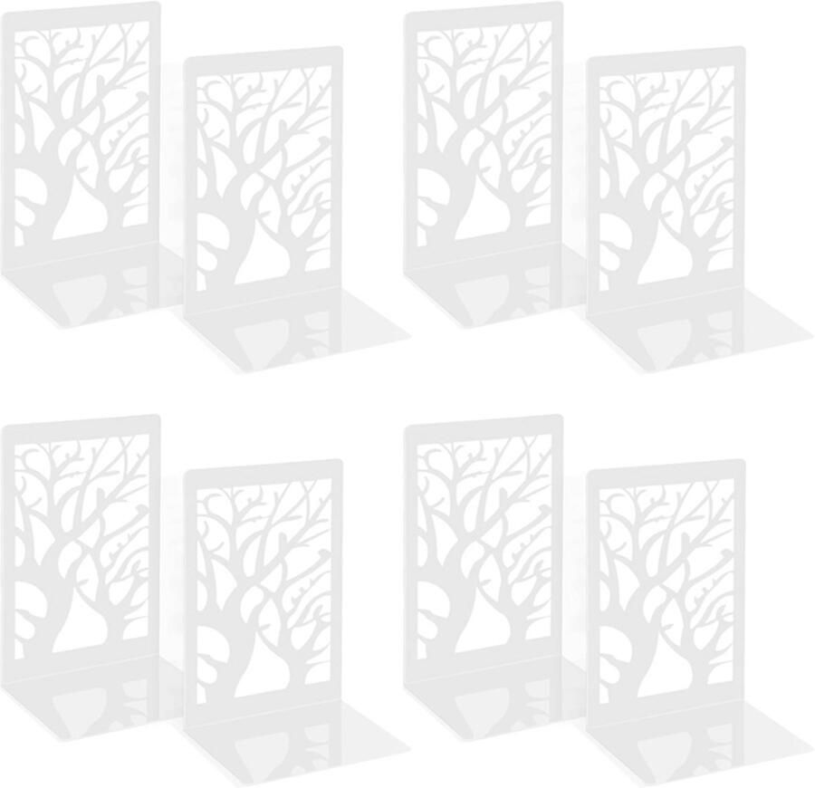 PEAM 4 Paar Boekensteunen Metalen Decoratieve Boekenhouder Uitgeholde Antislip Boekenstopper Voor Kinderen Thuis Kantoor Bibliotheek School (Wit)