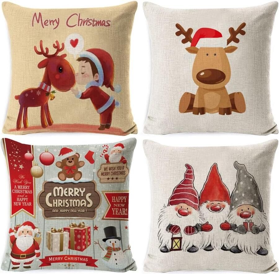 PEAM 4 Stuks Kerst Kussenhoezen – Katoen Linnen Decoratieve Kussenslopen Met Kerstcartoon Patroon Vierkant 18 x 18 Inch Rood Zwart Voor Bank Kamer En Auto