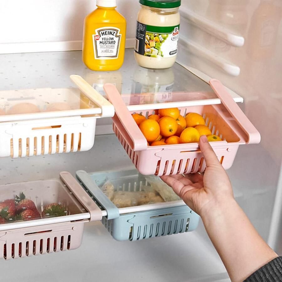 PEAM 4 Stuks Verstelbare Koelkastlades & Uitschuifbare Opbergmand BPA-vrije Organisator Voor Groenten En Fruit
