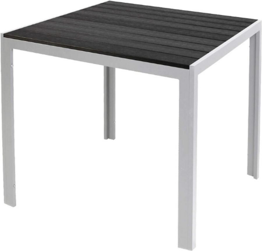 PEAM Aluminium Tuintafel – Zilver-Zwart – Eettafel Voor Buiten – Imitatiehout Tafelblad – Weerbestendig – 90 x 90 x 74 cm