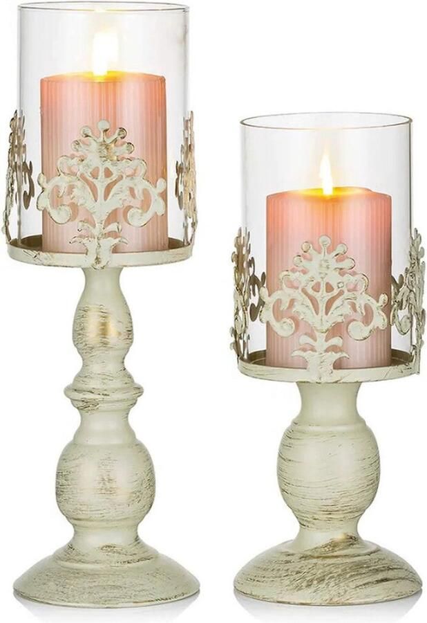PEAM Antieke Orkaan Kandelaars Set Van 2 Vintage Pijler Kandelaars Met Glazen Schermafdekking Voor Tafels Bruiloften En Kaarslicht Diner Decoratie