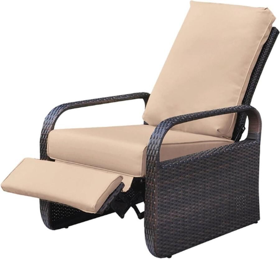 PEAM Auteuil Met Handgeweven Rieten Tuin Liggende Verstelbare Positie Hoogte Lounge Fauteuil Met Afneembaar 5-12 Inch Dikte Gewatteerd Kussen-Aluminium Frame (Bruin Rieten + Kaki Kleur)