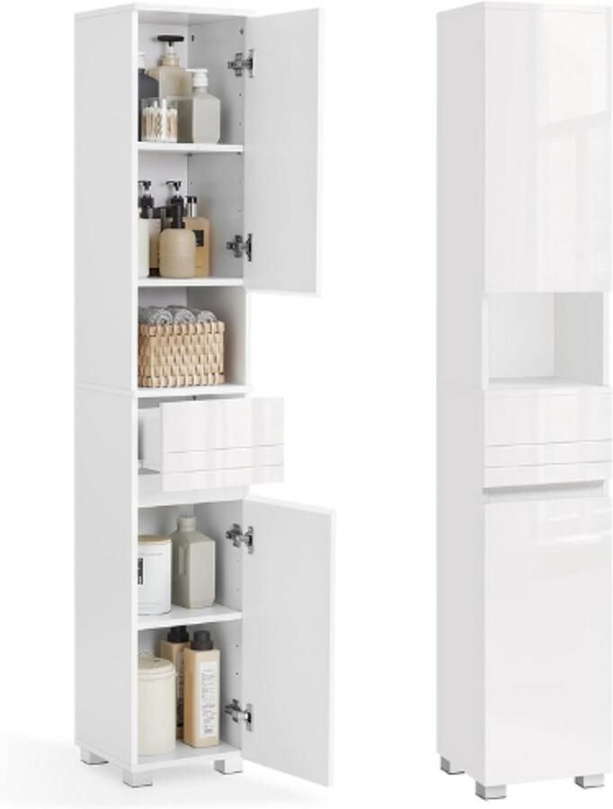 PEAM Badkamerkast Badkamermeubel Met Eén Lade Verstelbare Planken En Open Vak 30 x 30 x 170 Cm Klassiek Wit