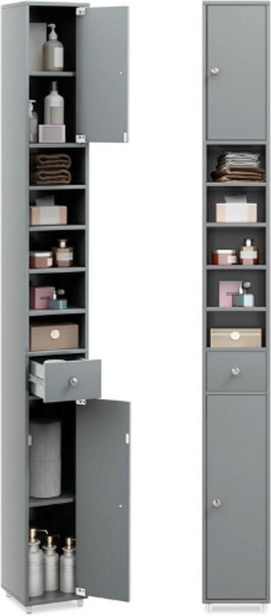 PEAM Badkamerkast Hoog En Smal 180 cm Opbergkast Met Lade En Deuren Verstelbare Planken Lichtgrijs Kastje Voor Badkamer Woonkamer Keuken