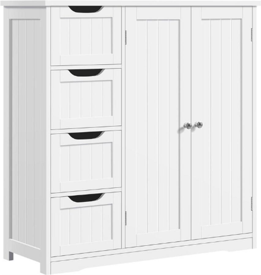 PEAM Badkamerkast met 4 Laden en 2 Deuren – Witte Onderkast met Verstelbare Legplank – Commode voor Badkamer Woonkamer Hal of Keuken – 60 cm Breed