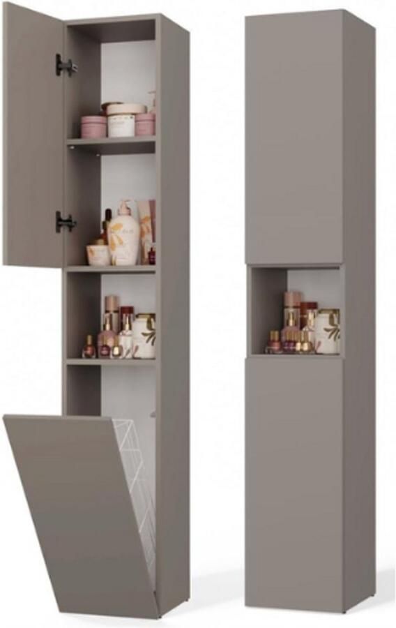 PEAM Badkamerkast NEL III Grijs Hoge Kast Met Wasmand En 2 Deuren Badkamermeubel 174x31x30 cm Onderkast Voor Badkamerrek Of Wastafel