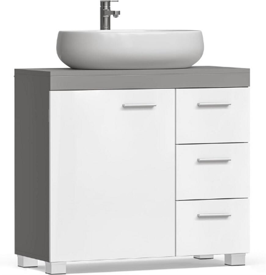 PEAM : Badkamermeubel Onderkast Voor Wastafel 3 Laden Aan De Zijkant 2 Vakken Achter Het Deurtje Met Poten 30 X 70 X 64 Cm Cementgrijs En Wolkenwit