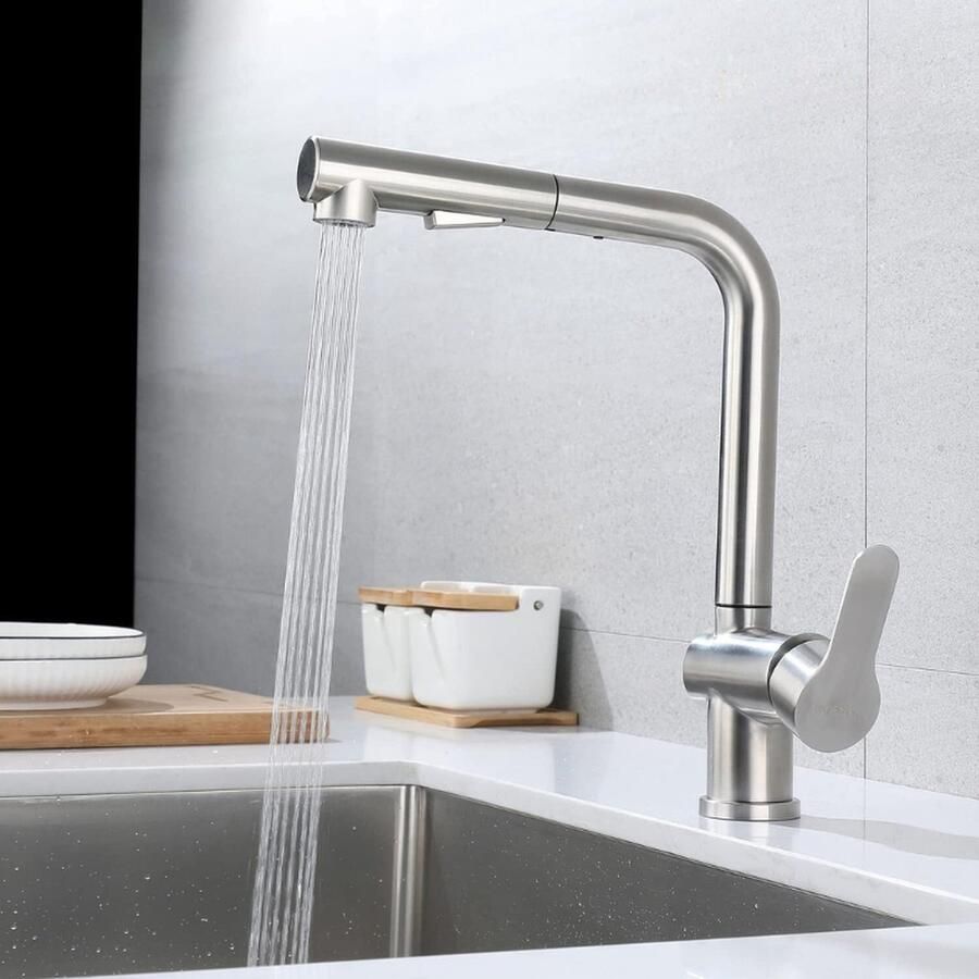 PEAM Beweegbare Keukenkraan Met Uittrekbare Sproeikop 360° Draaibaar 2 Sproeimodi Roestvrij Staal SUS304 Geborsteld Nikkel