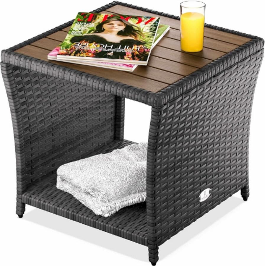 PEAM Bijzettafel Grijs Weerbestendig – Klein Hout Polyrattan Acacia 45x45x40 cm – 80kg Draagvermogen – Buitentafel Tuintafel Balkontafel Tuinmeubilair