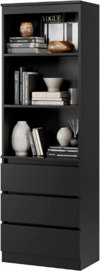PEAM : Boekenkast 3 Laden En 3 Legplanken 180 Cm Hoog Van Hout Multifunctionele Kast Zwart
