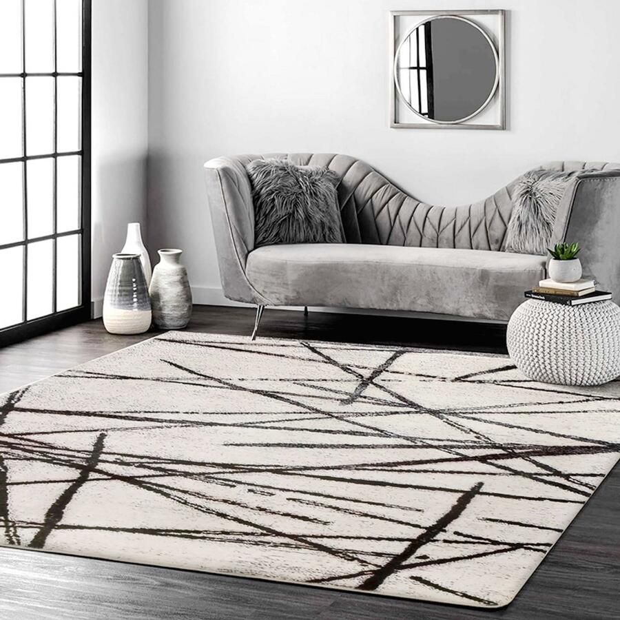 PEAM Bohemian Vloerkleed 200x250 Cm – Zacht Laagpolig Tapijt Met Geometrisch Lineair Patroon – Beige Modern & Antislip Voor Woonkamer & Slaapkamer
