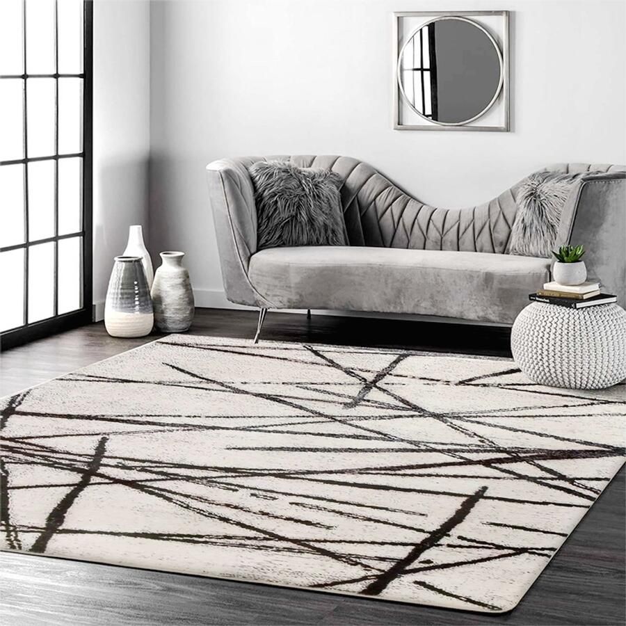 PEAM Artistiek Bohemian Vloerkleed 200x250 cm Modern Laagpolig Tapijt Met Geometrisch Lineair Patroon Zacht & Antislip Beige