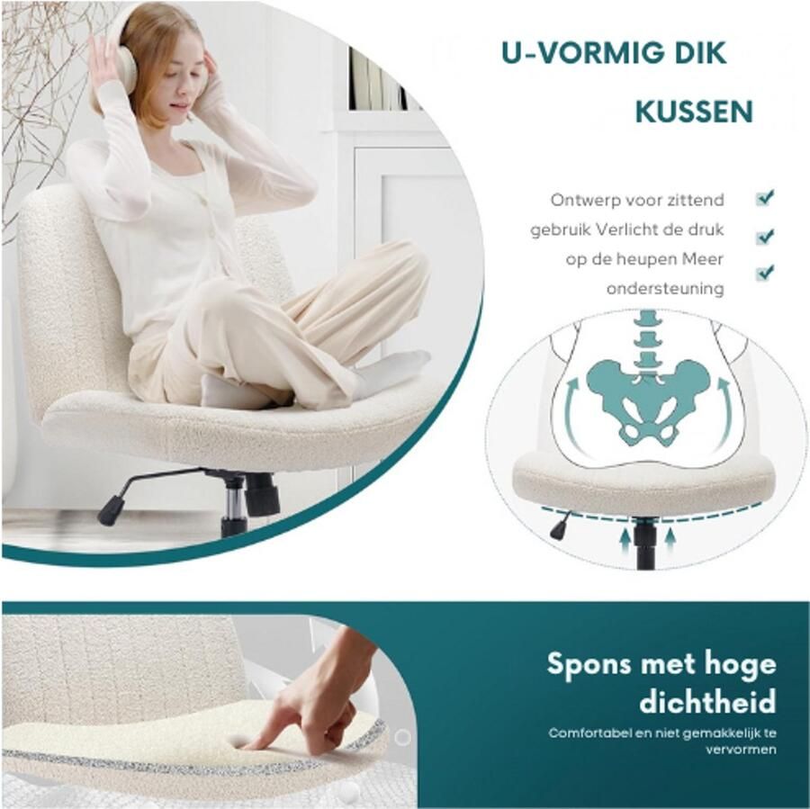 PEAM Brede Bureaustoel Ergonomische Computerstoel 115° Kantelfunctie Gestoffeerde Armleuningen Draaibaar & Verstelbaar Crème