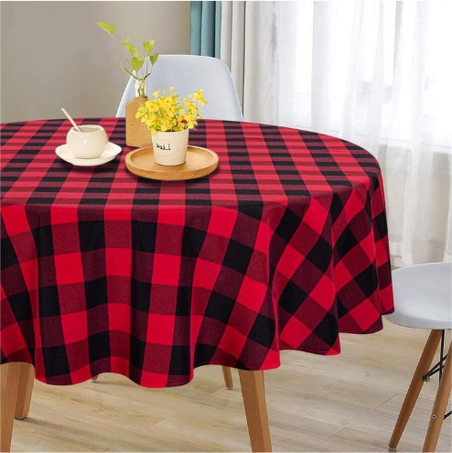 PEAM Buffalo Geruit Tafelkleed Rond Gingham Vlekbestendig Wasbaar Geruit Design Voor Keuken Outdoor Picknick En Vakantie Diner Ø 70 Inch Zwart En Rood