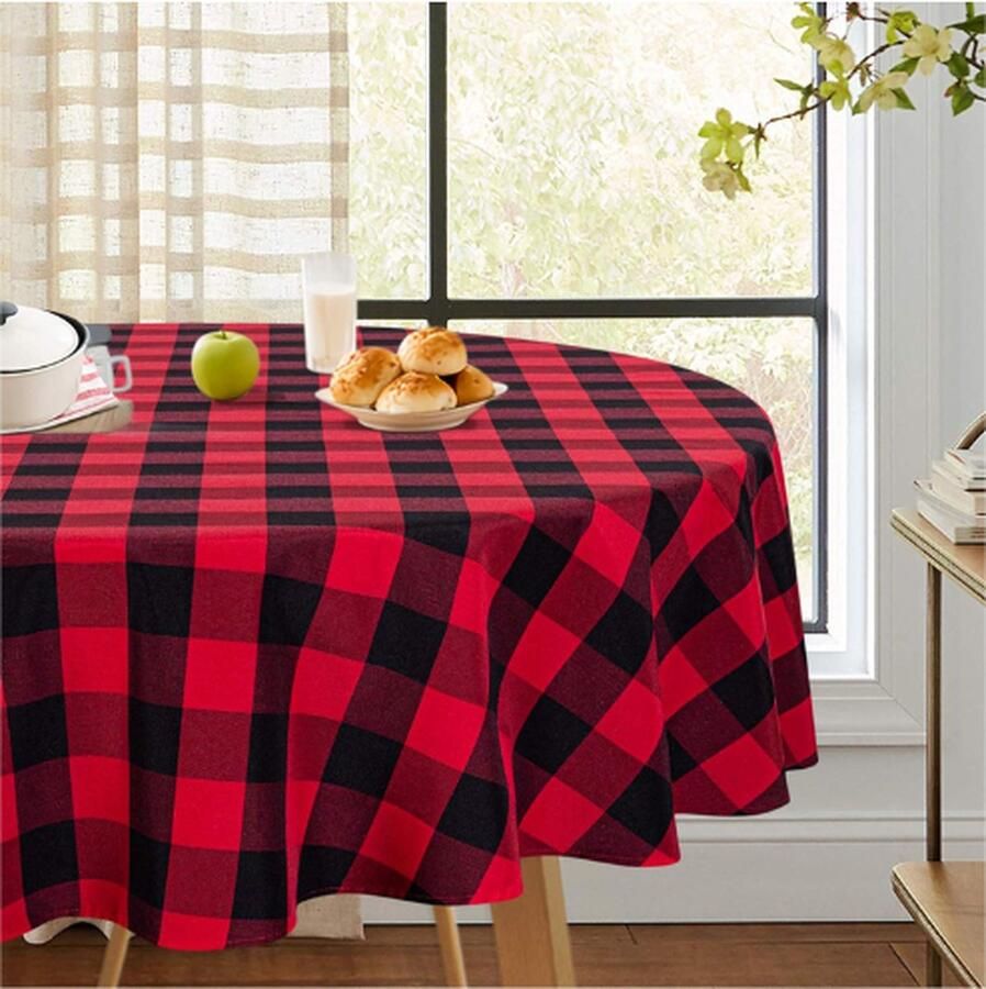 PEAM Buffalo Geruit Tafelkleed Rond Gingham Vlekbestendig Wasbaar Geruite Tafelkleed Voor Keuken Outdoor Picknick Vakantie Diner 70 Inch Rond Zwart En Rood