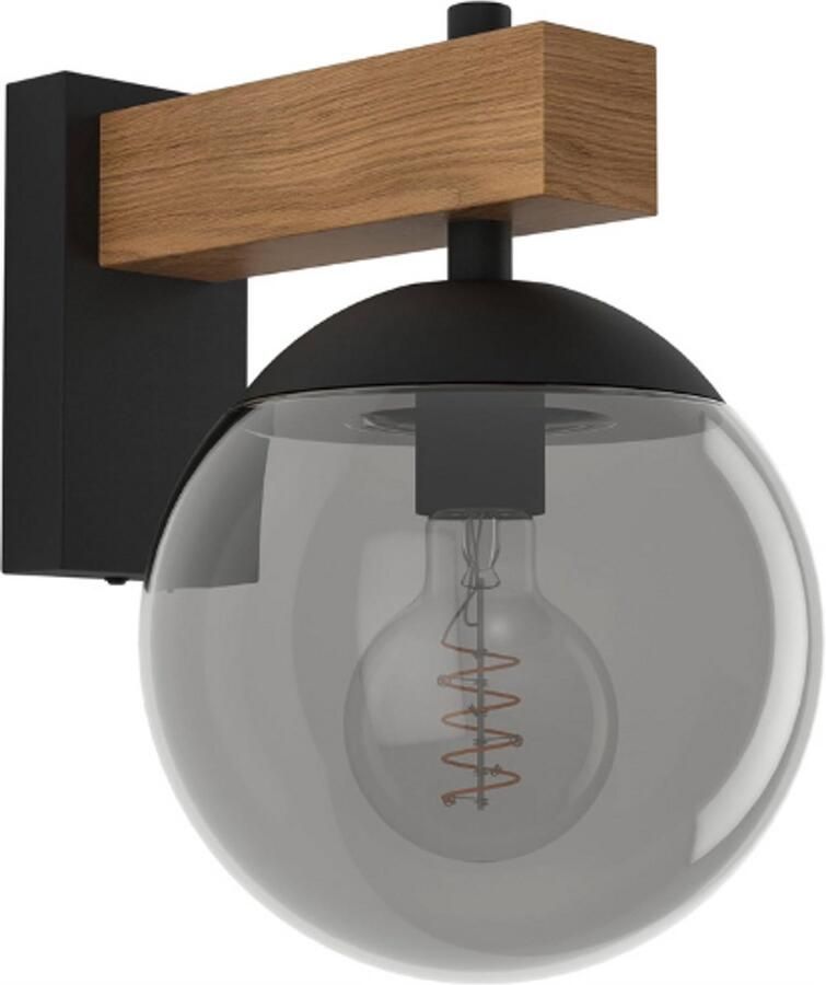 PEAM Buitenlamp Bufalata Wandlamp Met Rookglas Kogelvormige Wandspot Voor Buiten Zwart Met Houtlook E27 Fitting IP44 Weerbestendig Wandverlichting Metaal En Kunststof