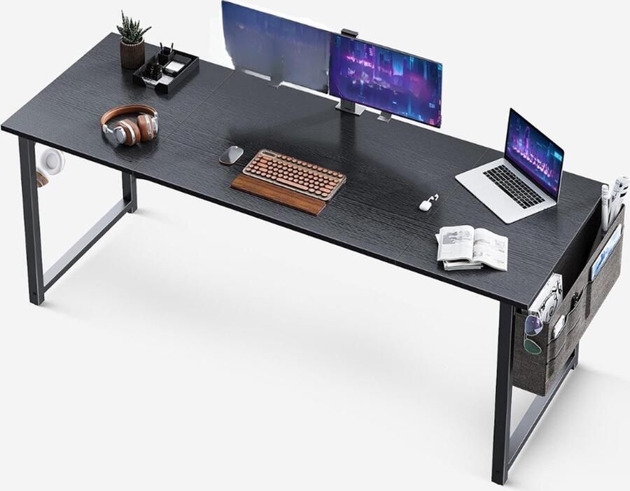 PEAM Bureau 160 x 55 x 73.5 cm Zwart Computertafel Bureautafel Met Koptelefoonhouder En Opbergtas Houten PC-Tafel Kantoortafel Voor Thuis En Kantoor