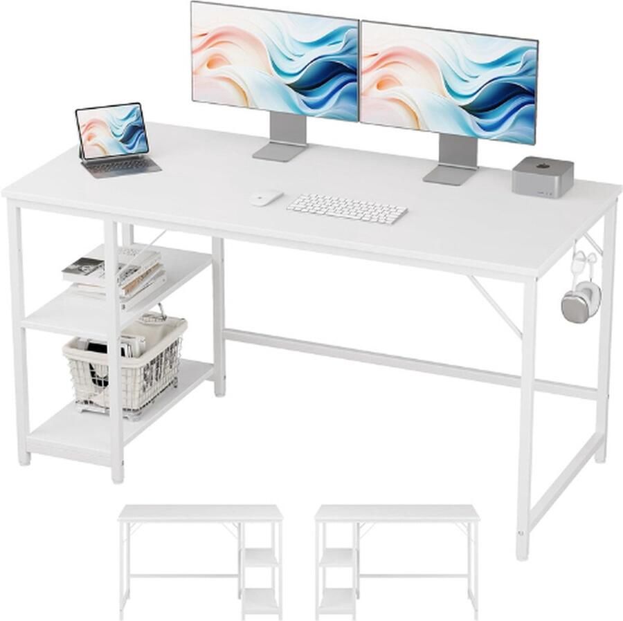 PEAM Bureau Computer Tafel Laptop Tafel Met Stabiele Office Tafel Met 2-Laags Opslag Studie Kantoor Slaapkamer 140 x 60 Cm (Wi