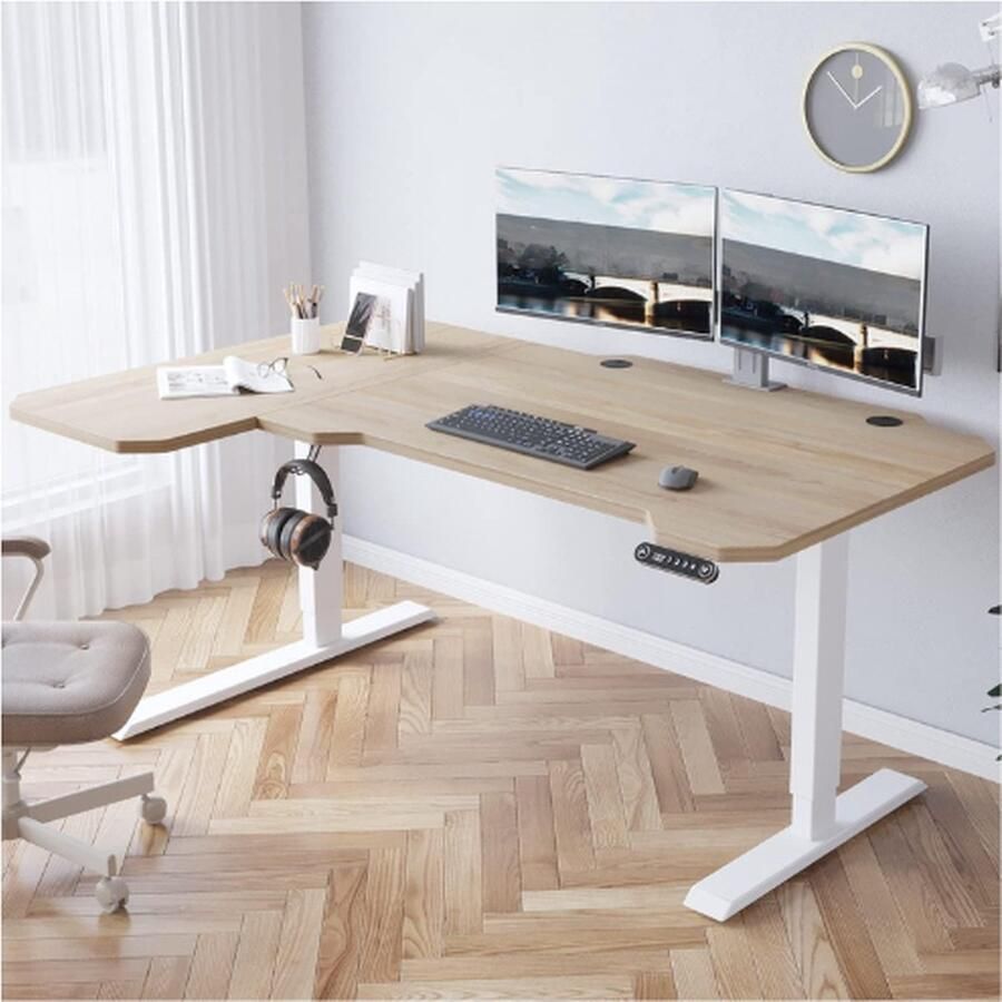 PEAM Bureau In Hoogte Verstelbaar Elektrisch 150 Cm L-Vorm Staand Bureau Met 4 Geheugenbesturing Met Tafelblad 2-Voudige Telescopische Staande Bureau Splitplank