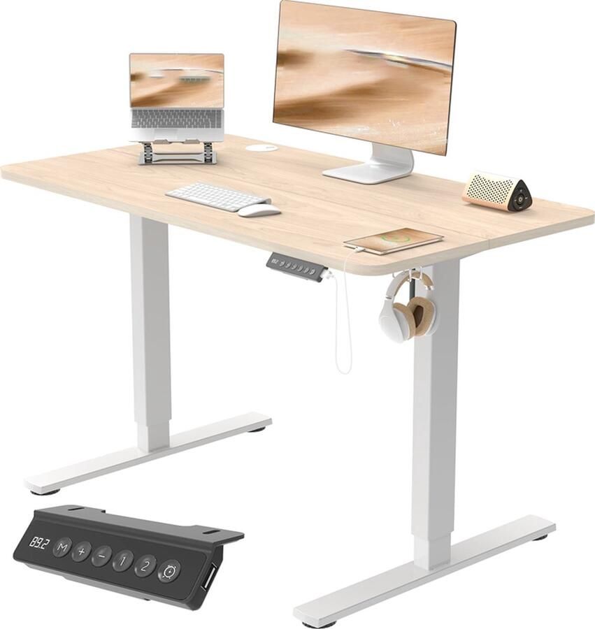 PEAM Bureau In Hoogte Verstelbaar Elektrisch Ergonomische Sta-Zittafel Met Tafelblad In Hoogte Verstelbare Computertafel In Hoogte Verstelbaar Bureau 100 x 60 Cm Beige