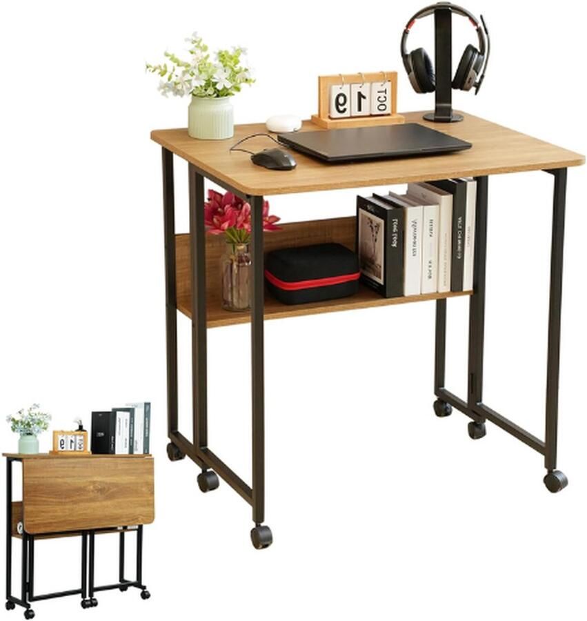 PEAM Bureau Inklapbaar Opvouwbaar Computer Met Wieltjes Kleine Computertafel Met Plank Ruimtebesparende Bureautafel Laptop Opvouwbare Tafel Voor 80 Cm Breed (Eikenkleur)