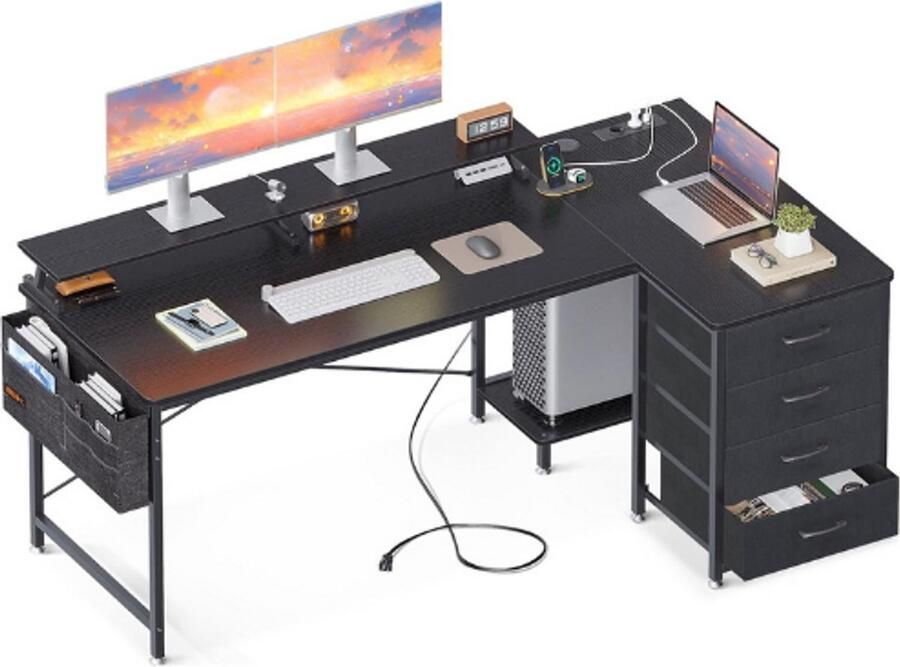 PEAM Bureau L-Vorm Zwart Hoekbureau Groot Met 4 Laden 160 x 80 x 84 7 cm Hoektafel Met 2 USB-Oplaadpoorten en 2 Stopcontacten Computertafel Voor Thuiskantoor