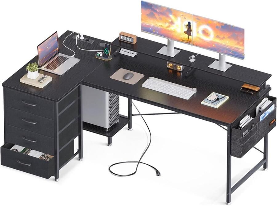 PEAM Bureau L-Vorm Zwart Groot Hoekbureau Met 4 Laden 160 x 80 x 84 7 cm Hoektafel Met 2 USB-Oplaadpoorten & 2 Stopcontacten Computertafel Voor Thuiskantoor
