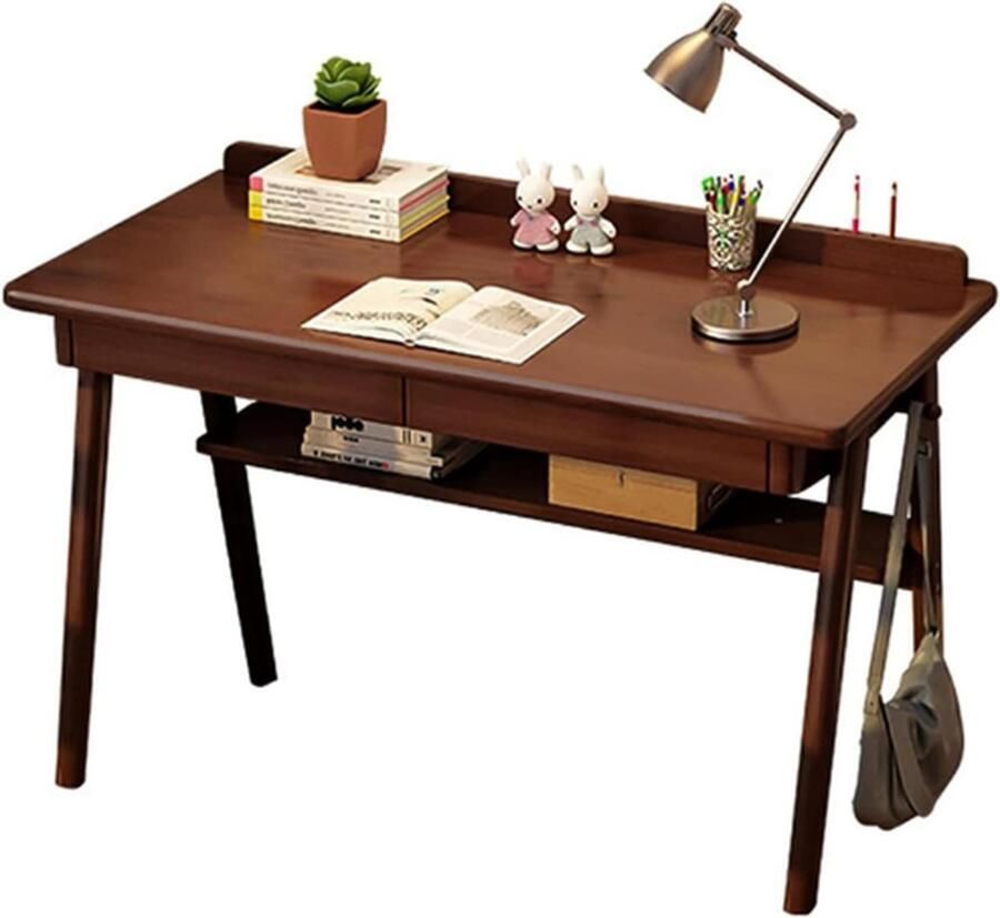 PEAM Bureau Met 2 Laden Computer Bureau Walnoot Massief Houten Bureau Werktafel Om Studeren En Schrijven PC-Tafel Voor Thuis En Kantoor 120 x 60 x 75 cm Walnoot