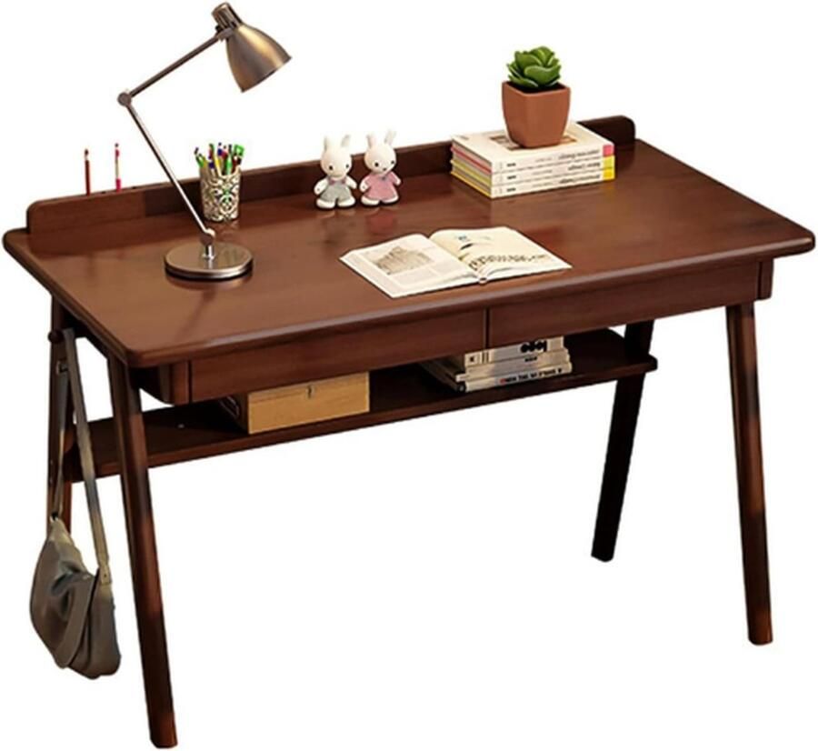 PEAM Bureau met 2 Laden Computer Bureau Walnoot Massief Houten Bureau Werktafel om Studeren en Schrijven PC-Tafel voor Thuis en Kantoor 120 x 60 x 75 cm Walnoot