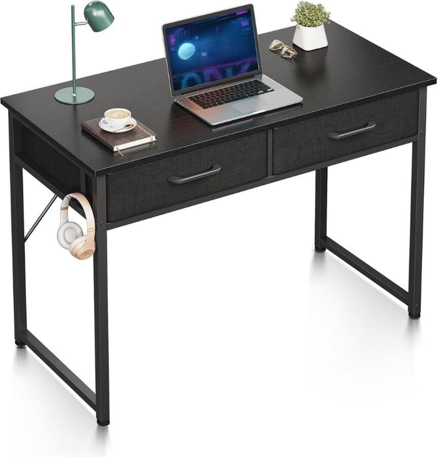 PEAM Bureau Met 2 Laden Klein Bureau Met Koptelefoonhouder Bureautafel PC-Tafel Kantoortafel Voor Kantoor Woonkamer & Thuiskantoor Zwart 100 x 40 x 78 7 cm