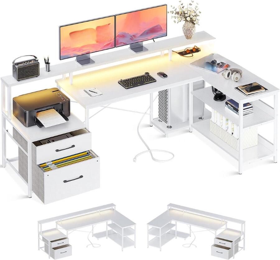 PEAM Bureau Met Laden Omkeerbaar Hoekbureau Groot L-Vormig Bureau Met LED Inclusief Stekkerdoos Wit 172.5 x 100 cm