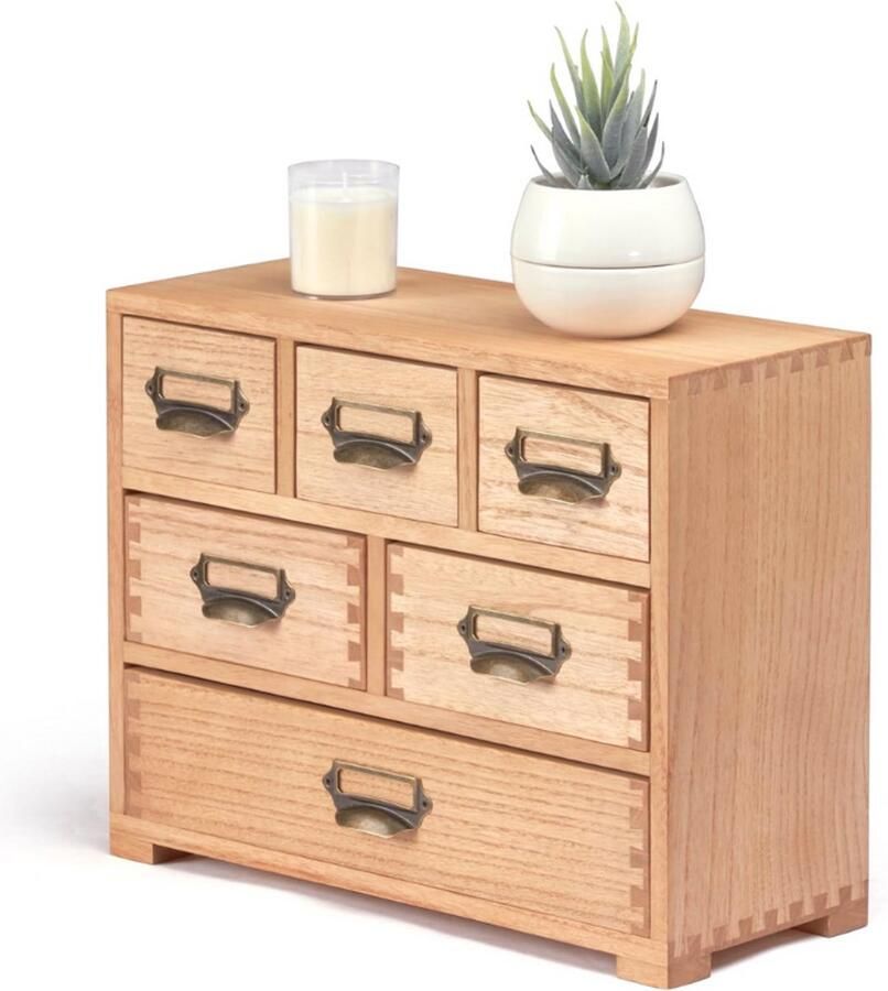 PEAM Bureaulade Kast Opbergorganizer met 6 Laden Mini Borst met Label en Handgrepen voor Thuis Kantoor en Desktopopslag Naturel