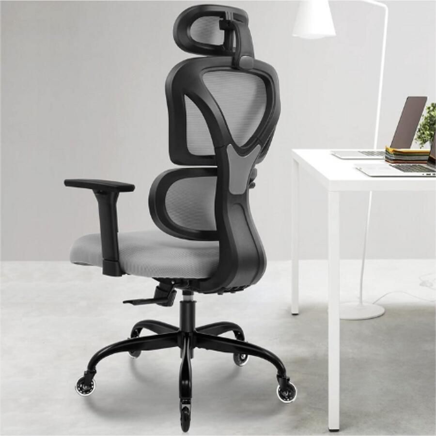 PEAM Bureaustoel Ergonomische Bureaustoel met Verstelbare Hoofdsteun Armleuningen en Lendensteun Tegen Rugpijn Bureaustoel 150 KG Belastbaar 9070F Grijs