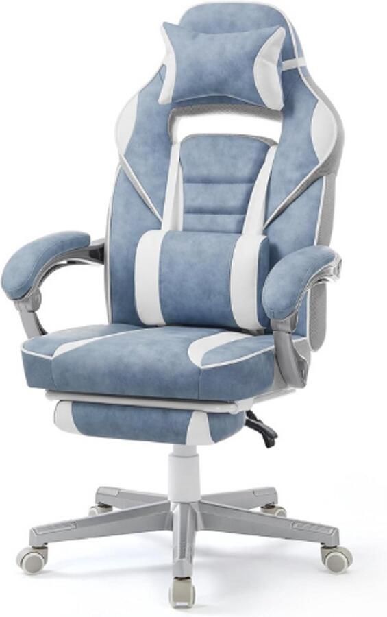 PEAM Bureaustoel Gamingstoel Verstelbaar Telescopische Voetensteun Kantelmechanisme Hoofdsteun Lendensteun Belastbaar 150 Kg Meerblauw En Crèmewit