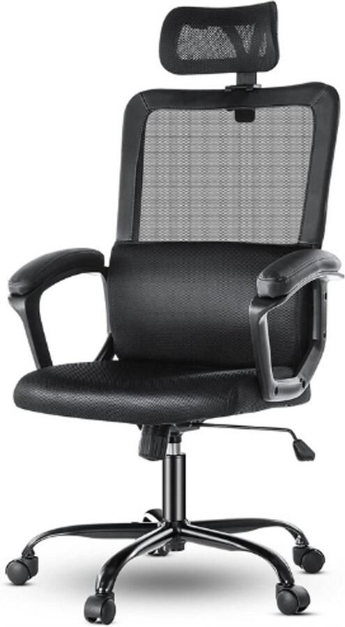 PEAM Ergonomische Bureaustoel Hoge Rugleuning Verstelbare Mesh Hoofdsteun & Lendensteun Comfortabele Kantoorstoel Zwart