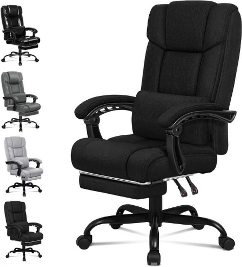 PEAM Ergonomische Bureaustoel Hoge Rugleuning Verstelbare Lendensteun & Voetensteun Draaistoel Voor Thuis & Kantoor Linnen Stof Zwart
