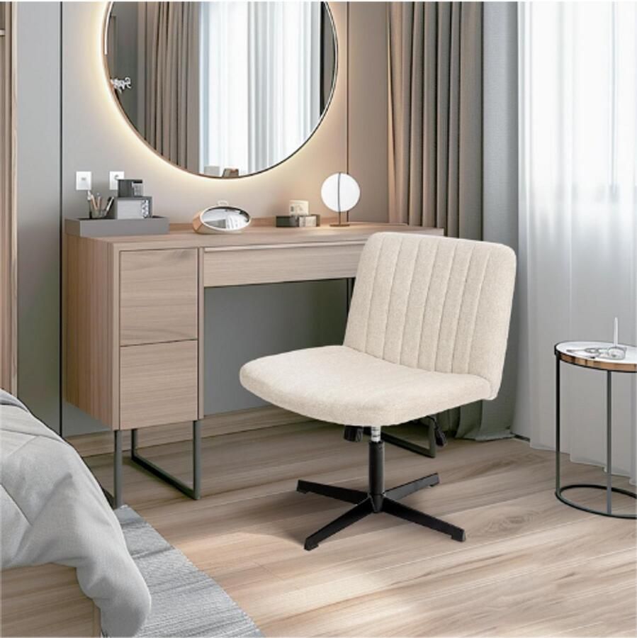 PEAM Bureaustoel Zonder Wielen Brede Draaistoel Met Stoffen Bekleding Gestoffeerde Stoel Met Middelhoge Rugleuning In Hoogte Verstelbaar Voor Thuis Kantoor Slaapkamer Beige