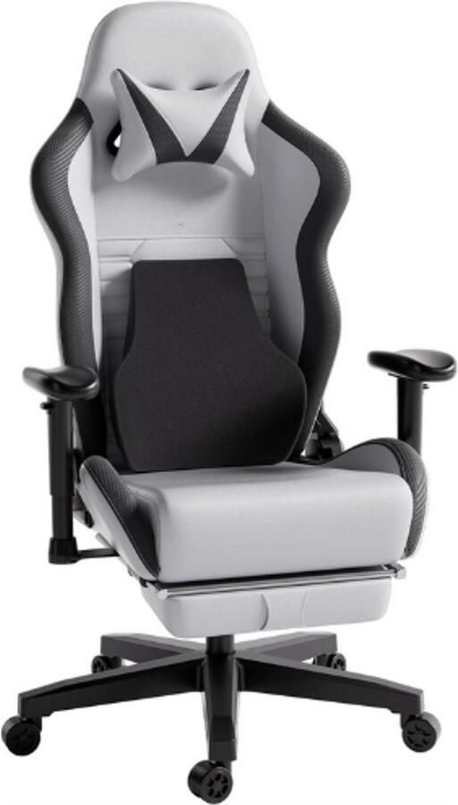 PEAM C3 Gaming Stoel Voor Kantoor Draaibare PU Lederen Bureaustoel In Hoogte En Helling Verstelbaar Inclusief Hoofdsteun En Lendensteun Met Voetensteun Grijs
