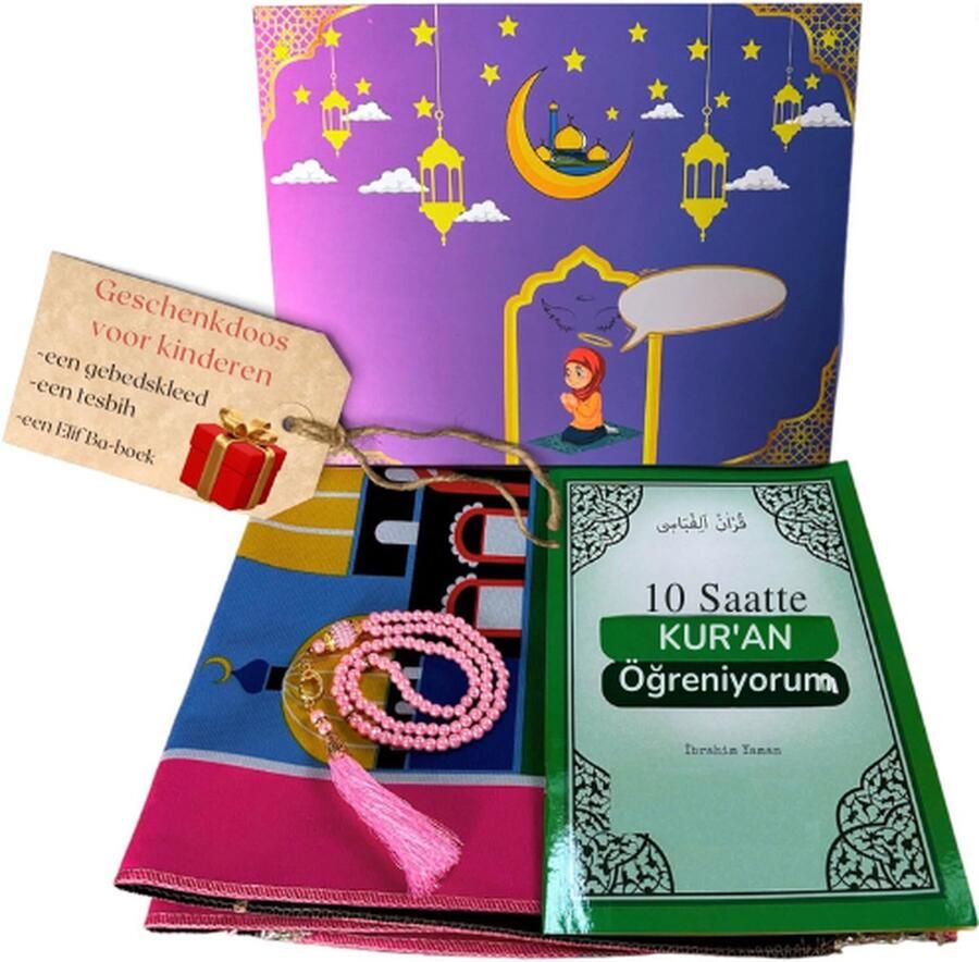 PEAM Cadeauset Voor Kinderen Moslim (Gebedstapijt Tasbih En Een Elif-Ba-boek) Seccade Gebedskleed Klein Formaat Gebedskleed Voor Moslims Islam-Ramadan Eid Hajj Bruiloft Mevlid (Roze)