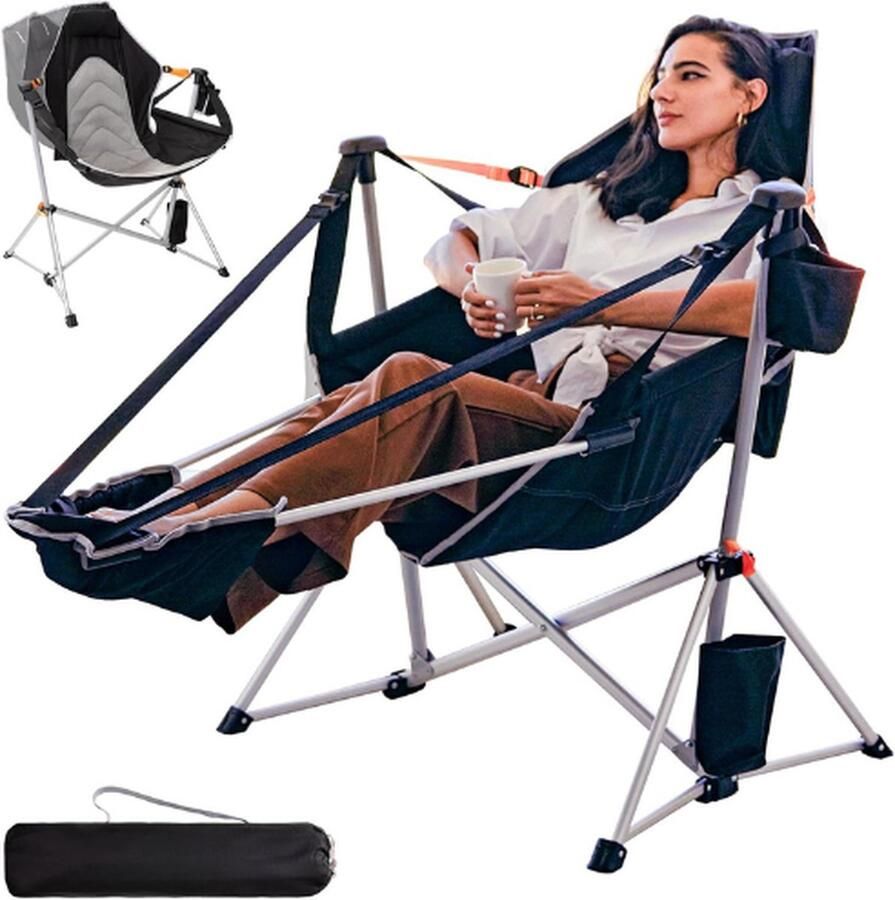 PEAM Campingstoel Opvouwbare Vouwstoel met Voetensteun Aluminium Verstelbare Rug Campingstoel met Bekerhouder Tuinstoel voor Outdoor Reizen Tuin Strand Zwart Grijs