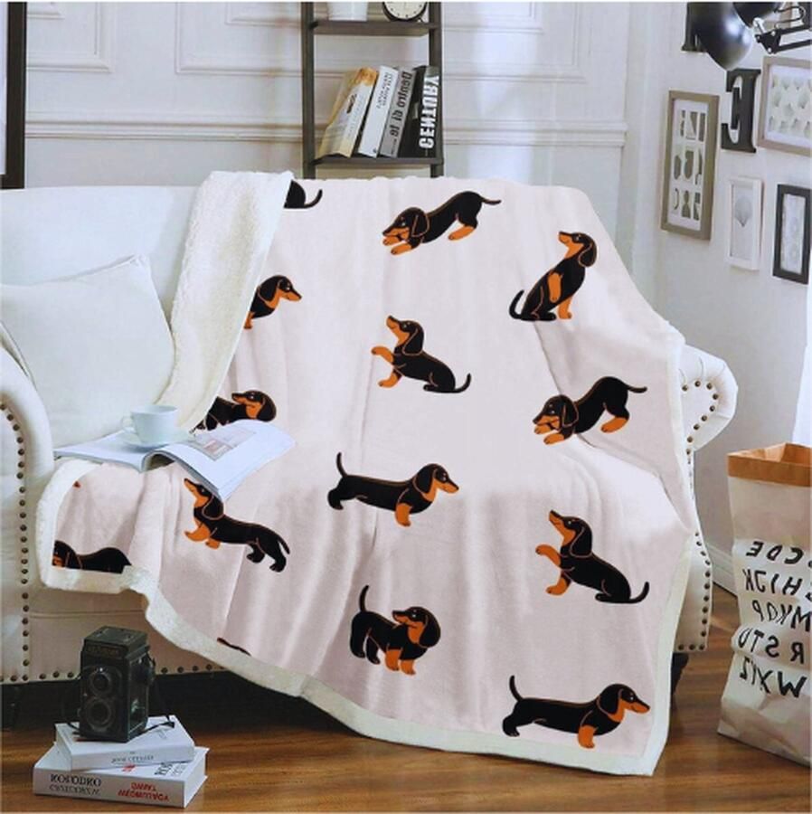 PEAM Cartoon Hond Gooien Deken Teckel Fleece Sherpa Donzig Plaid Kinderen Peuter Jongens Schattige Puppy Pluche Dekens En Gooit Worst Weiner Hond Voor Bed Thuis Reizen Beige Baby 76x105 cm