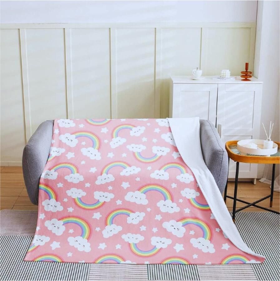 PEAM Cartoon Regenboog Alle Seizoenen Bed Deken Kinderen Kawaii Regenboog Fleece Gooien Deken Schattige Wolk Sterren Donzig Deken Voor Kinderen Jongens Meisjes Microvezel Pluche Deken Baby 76x106 cm