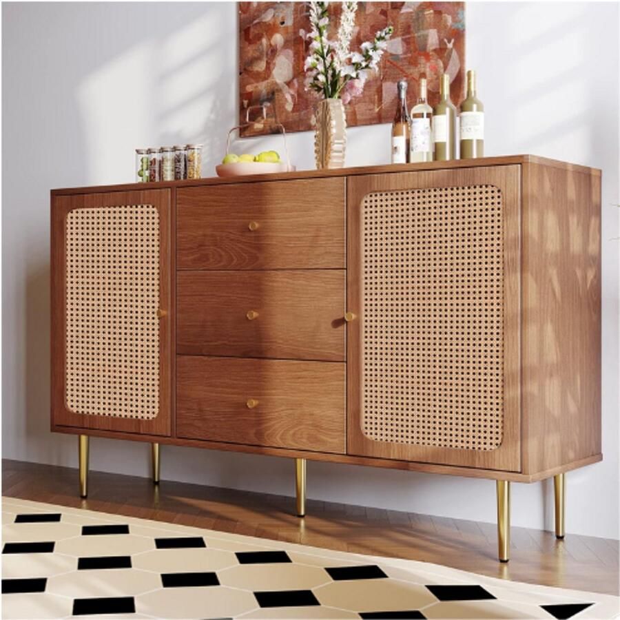 PEAM Commode Met 2 Deuren En 3 Laden Rotan Deurcommodes Met Laden Sideboard Met Verstelbare Plank Ladekast Van Hout Multifunctionele Kast Voor Hal Slaapkamer Woonkamer Badkamer