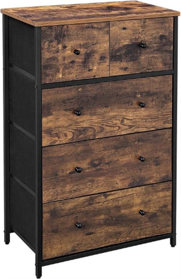 PEAM Commode Opbergkast Met 5 Laden Van Stof – Industriële Stijl – Rustiek Bruin en Zwart – Geschikt Voor Woonkamer Entree Hal Kinderkamer
